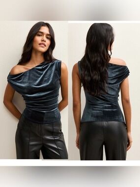 Rachel Zoe Blue Velvet asymmetrical Off The Shoulder Ruched Top Sz XL NWT